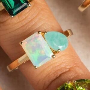 Local Eclectic Solid Gold Toi et Moi Ring - Ethiopian Opal and Amazonite